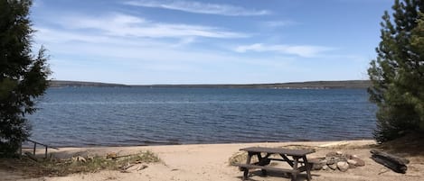 picnic table and fire pit, lake side