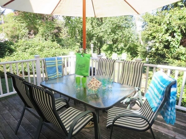 Outdoor living with umbrella for shade and gas grill for easy barbecuing! - 14 Capri Lane -Chatham Cape Cod- New England Vacation Rentals