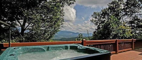 The Hot Tub on back deck with an incredible view of the North Georgia Mountains