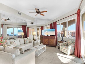 Living Room with Flat Screen TV and Gulf Views