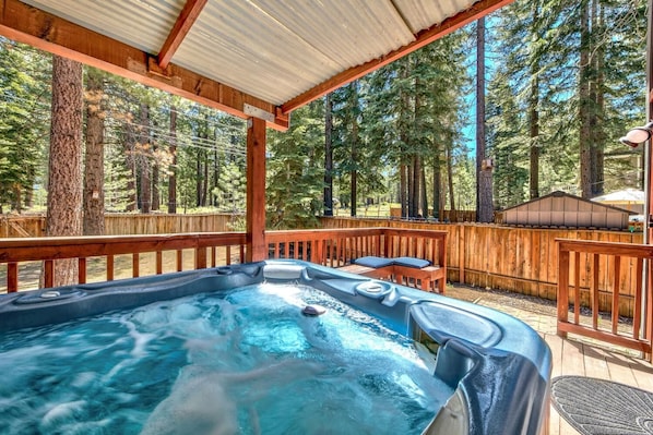 Luxurious Hot Springs hot tub, protected from snow and sun