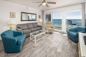 Living Room - Features a spectacular view of the Emerald Coast with the dual sliding glass doors.