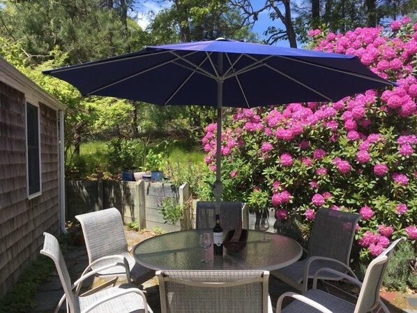 Welcome to the Rosa Rugosa Cottage! Patio with table, chairs, and gas grill  - 19 Old Cart Way -Chatham- Cape Cod -New England Vacation Rentals
