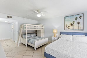 Full sized bed on the bottom and twin-sized bed on the bottom and next to the bunk bed is a twin bed offers additional space.