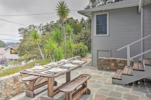 Enjoy your meal outside at the picnic table.