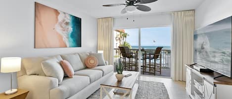 Living room looks right out to the ocean. Walk right onto your oceanfront balcony.