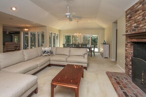 Living area with decorative fireplace