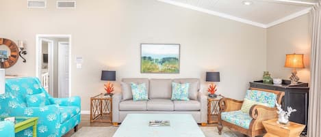 Main level living area with Sleeper Sofa and flat screen TV