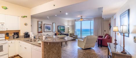 Sunset Lagoon's beautiful view of the Gulf from the Kitchen, dining, and living room!  Shores of Panama 817 in Beautiful Panama City Beach, FL!