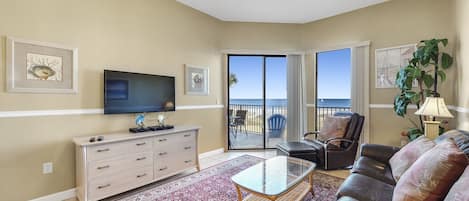 Spacious Living Room with Sleeper Sofa and Beach View