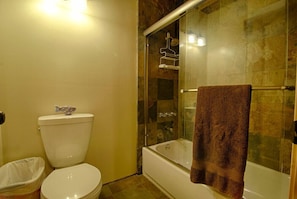 Downstairs bathroom; toilet and tub/shower