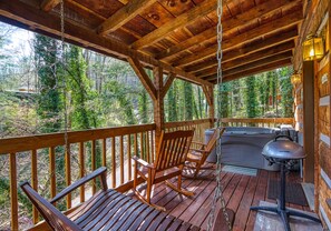 Hot tub Deck - Porch swing included. Romantic back porch with rockers, porch swing, & hot tub