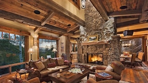 Great room with two-sided fireplace