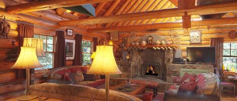 Great Room with big fireplace and upscale lodge furnishings