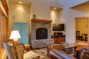A gas fireplace in the living room, great for Montana's cool evenings.
