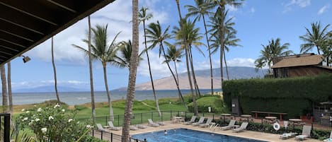 View of Ocean, Mountain, and Pool from Lanai