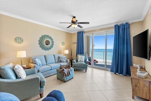 Gulf Front Living Area with Sleeper Sofa and Coastal Decor