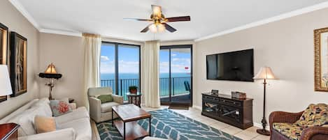 Spacious Living Room opens to the Private Balcony overlooking the Gulf and includes Sleeper Sofa