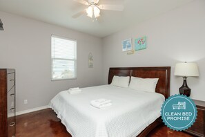 Sleep better at Padre Escapes with our exclusive Clean Bed Promise; providing fresh linens, comforters, and towels washed at high temperatures exceeding CDC recommendations, setting us apart for a truly restful vacation