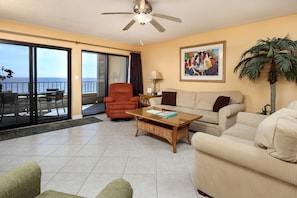 Relax with your family in living room while overlooking the Gulf Coast