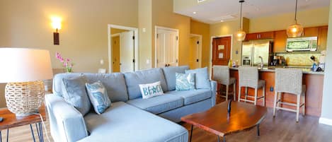 High ceilings open up the condo promoting more space and relaxation