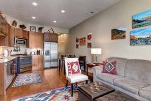 Living Room with Smart TV, Gas Fireplace, a Queen Memory Foam Sleeper Sofa, and Great Views!