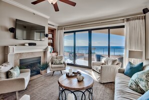 Newly updated living room overlooking Gulf