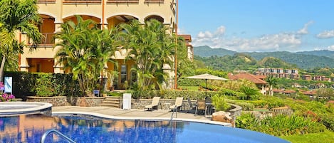 Marbella is located at the hill top, and offers amazing views, large pool area and shaded palapas.