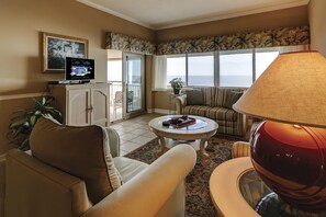 Oceanfront Living Room with Flat Screen TV & Queen Sleep Sofa