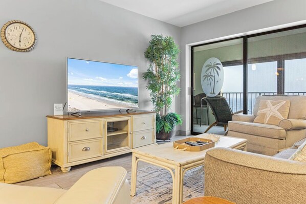 Welcome to Gulf Tower-Your Next Favorite Vacation Destination! - Welcome to your Gulf Shores getaway at Gulf Tower! This beautifully appointed 2-bedroom, 2-bath unit is situated right on West Beach and convenient to it all! The spacious living room is designed for relaxation and fun. Kick back on the comfortable sleeper sofa and easy chairs while watching your favorite shows on the television.