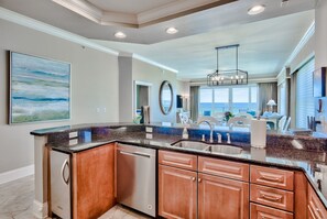 Double sinks at Adagio A305 - Your Friend at the Beach gives you dishwashing soap and detergent enough for the whole week! Stand alone ice maker so you can fill your cooler and make frozen drinks in our robust mixer!
No need to go out - Adagio A305 is stocked with everything you need to enjoy dining with the best view of the Gulf!