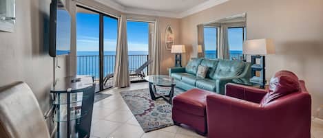 Spacious Living Area offers a Queen Size Sleeper Sofa, Access to the Balcony and Fantastic Views