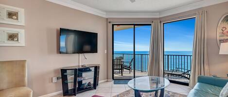 Spacious Living Area offers a Queen Size Sleeper Sofa, Access to the Balcony and Fantastic Views