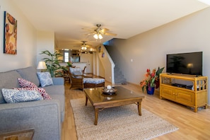 Open concept living to enjoy meals at the condo or on the private lanai