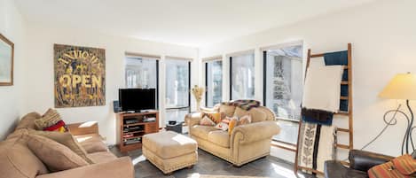 Living Area with Sofas, Armchair, and Smart TV