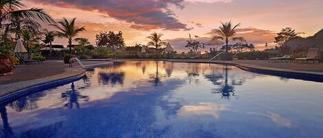 Pool area at Del Mar at sunset.