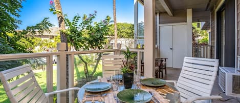 Enjoy the spacious lanai with dining for 4!