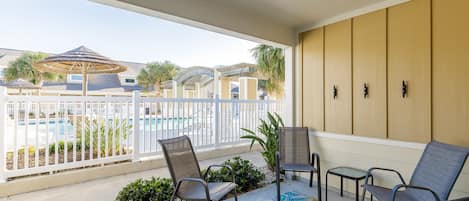 Beautiful patio area with a view of the lovely pool