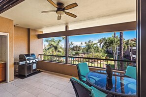 Enjoy shade all day and views from this large lanai with private BBQ and sink.