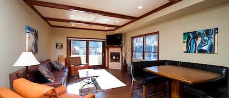 Downtown Durango, CO vacation rental condo. Living room with Fireplace and TV