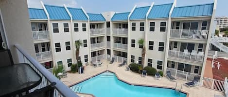 View of the pool from the balcony.