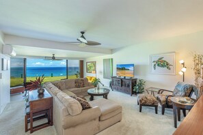 Open space living room with spectacular view, 55" smart tv with cable