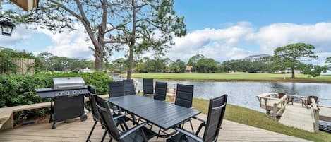 Deck with Grill and Seating for Six  Overlooking Lake, Golf Course and Bay View