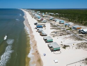 Birdseye view of the Ft Morgan peninsula looking west