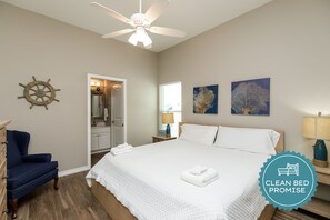 Sleep better at Padre Escapes with our exclusive Clean Bed Promise; providing fresh linens, comforters, and towels washed at high temperatures exceeding CDC recommendations, setting us apart for a truly restful vacation