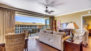 Retractable doors open up the condo for indoor/outdoor living. 