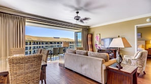 Retractable doors open up the condo for indoor/outdoor living.