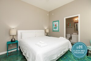Sleep better at Padre Escapes with our exclusive Clean Bed Promise; providing fresh linens, comforters, and towels washed at high temperatures exceeding CDC recommendations, setting us apart for a truly restful vacation