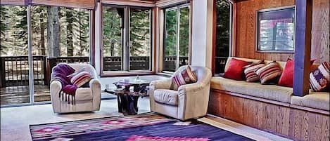 Living room with view and bench