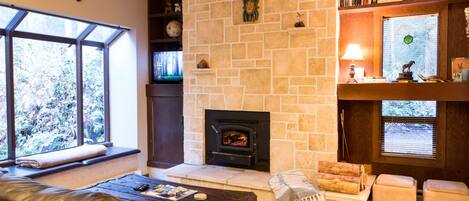 Living room with wood fireplace
